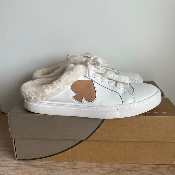 Kate Spade Fez Mule Faux Fur Wht Large Logo Leather Slip On Shoes Women- SZ 8.5 - Picture 2 of 9